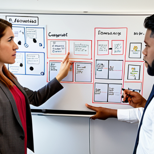 Home 23 **
A diverse team of professionals brainstorming in a modern office. One person is explaining a complex concept using a whiteboard filled with diagrams showing interconnected systems. The atmosphere is collaborative and innovative, with individuals from different departments actively participating and sharing ideas. Focus on conveying a sense of cross-functional teamwork and the "T-shaped" skills that allow them to communicate effectively.
**