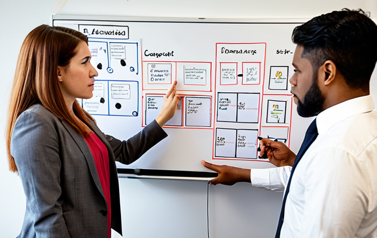**
A diverse team of professionals brainstorming in a modern office. One person is explaining a complex concept using a whiteboard filled with diagrams showing interconnected systems. The atmosphere is collaborative and innovative, with individuals from different departments actively participating and sharing ideas. Focus on conveying a sense of cross-functional teamwork and the "T-shaped" skills that allow them to communicate effectively.
**