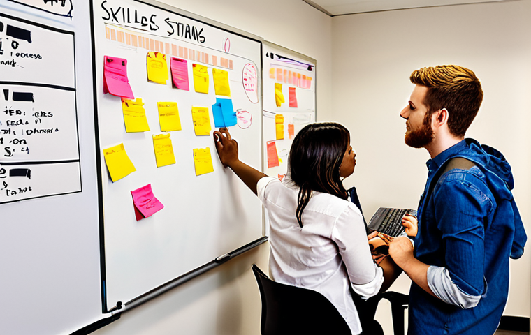 The Collaborative T**
*Prompt:* A diverse team brainstorming around a whiteboard covered in sticky notes, diagrams, and code snippets. The individuals represent different departments (marketing, development, customer service, design). Each person has a core skill visibly represented (e.g., a marketing person holding a campaign report, a developer with a laptop showing code), but they are all actively listening and contributing to a shared problem-solving session. The overall image should convey collaboration and the bridging of skill gaps. Stylized to be modern and energetic.
**