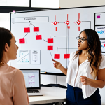 ** A diverse team brainstorming around a whiteboard covered in diagrams and sticky notes. Focus on one T-shaped individual gesturing and explaining a connection between a marketing campaign visual and a product development flowchart. The atmosphere should be collaborative and energetic.

**