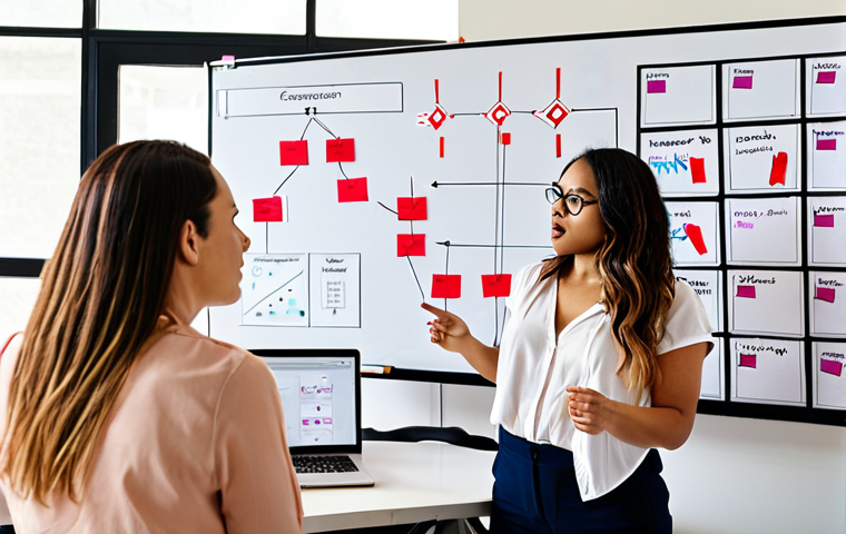 ** A diverse team brainstorming around a whiteboard covered in diagrams and sticky notes. Focus on one T-shaped individual gesturing and explaining a connection between a marketing campaign visual and a product development flowchart. The atmosphere should be collaborative and energetic.
**