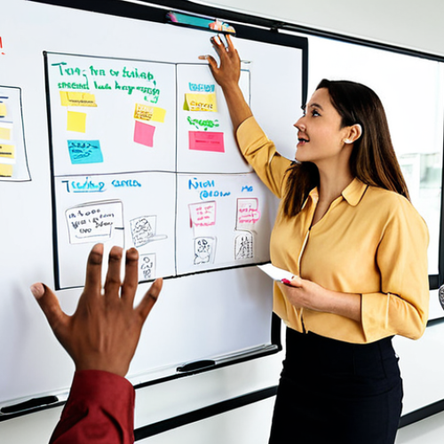 Home 9 **
Prompt: Diverse team collaborating on a project, whiteboard covered in ideas, sticky notes, team members giving feedback, open communication, modern office setting, bright and collaborative atmosphere, focus on innovation and problem-solving.
**