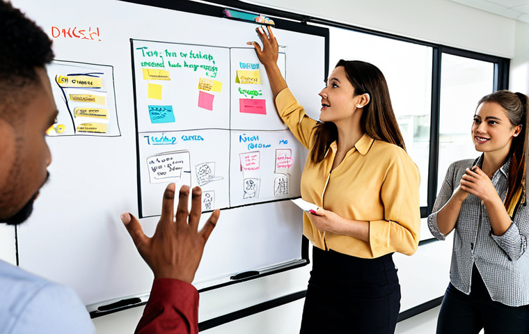 **
Prompt: Diverse team collaborating on a project, whiteboard covered in ideas, sticky notes, team members giving feedback, open communication, modern office setting, bright and collaborative atmosphere, focus on innovation and problem-solving.
**