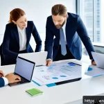 Home 19 T자형 전문성과 업무 성과 관계 - A dynamic office scene showing a diverse group of professionals collaborating around a large table w...