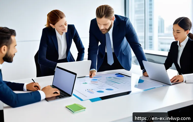 T자형 전문성과 업무 성과 관계 - A dynamic office scene showing a diverse group of professionals collaborating around a large table w...
