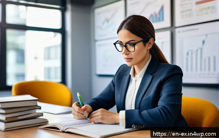 T자형 전문성을 강화하는 자기계발서 추천 - A professional woman in her early 30s, seated at a modern office desk surrounded by books and digita...